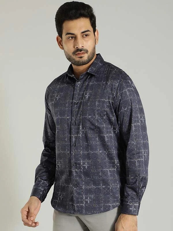 Indian Terrain Men's Slim Fit Full Sleeve All Over Print Dark Blue Shirt